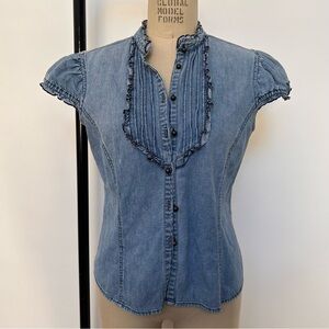 Cato Blue Denim Blouse with Ruffle Trim